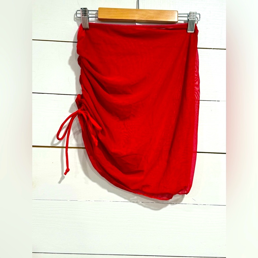 Red Ruched Mesh Sarong Cover Up Swim